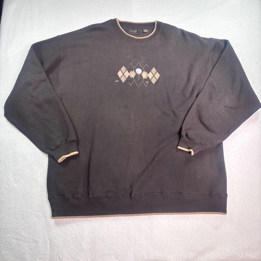 C&B Sport Golf Crewneck Sweatshirt XXL Brown Argyle Embroidered Golf Clubs